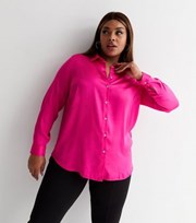 New Look Curves Bright Pink Satin Long Sleeve Shirt